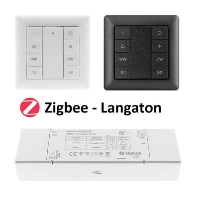 Alternativ text: Zigbee trådlösa ljusknappspaneler med svarta och vita knappar och vit Zigbee styrmodul. Texten lyder: 'Zigbee Wireless'.