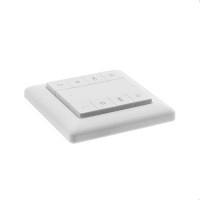 Intelligent LED-ljusströmbrytare, väggmonterbar och vit, med flera kontrollknappar för ström, ljusstyrka och val av läge.