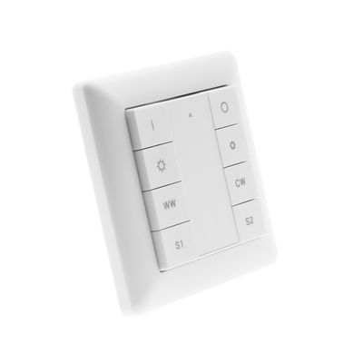Väggströmbrytare för LED-belysning: kvadratisk, vit design med knappar för dimning, färgvärme (WW/CW) och strömfunktioner (I, O, S1, S2).