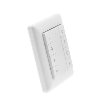 Smart strömbrytare, vit kvadratisk design med knappar för sol, regndroppe, S1 och S2; idealisk för styrning av LED-belysning; minimalistisk vit bakgrund.