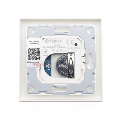 En smart home-enhet med Zigbee-logotyp, batterifack och QR-kod i ett fyrkantigt vitt fodral.