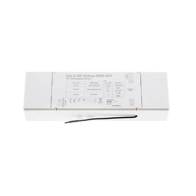 RF-dimbar LED-styrenhet 30W-24V, VaLO-RF-styrenhet med produktinformation och svart kabel för effektiv ljusstyrning.