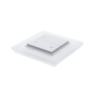 Vit fyrkantig ljusströmbrytare med mån- och solsymboler på två knappar, monterad på en genomskinlig plastplatta. Idealisk för styrning av LED-belysning.
