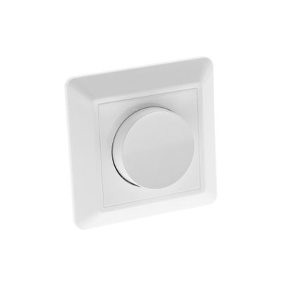 Dimmer för LED-belysning; vit, fyrkantig rund ratt, väggmonterad med vit bakgrund. Idealisk för styrning av belysning i moderna hem.