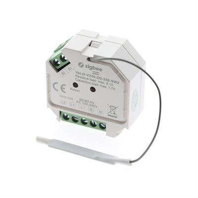 "Zigbee switchmodul VaLV-230-ZG-250-SW2, vit med återställningsknapp och kabelanslutningar, vit bakgrund.