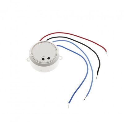 "Liten rund vit LED-sensor med röda, svarta och blå kablar på en vit bakgrund för SEO-belysning.