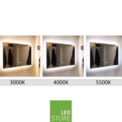 Tre speglar med LED-lampor: 3000K varm, 4000K neutral och 5500K kall. Nedan visas logotypen för LED-belysningsbutiken.