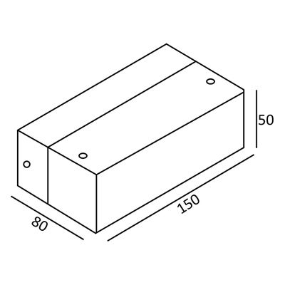 Isometrisk ritning av ett 150x80x50-block med hål på ovansidan och sidorna, perfekt för LED-belysningsprojekt.