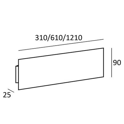 Diagram som visar måtten på en rektangulär LED-ljuslåda: längd 310, 610, 1210 mm; höjd 90 mm; djup 25 mm - perfekt för effektiva belysningslösningar.