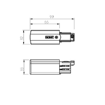 Teknisk ritning av en LED-armatur med måtten: topp 99mm x 66mm, sida 32mm x 33mm.
