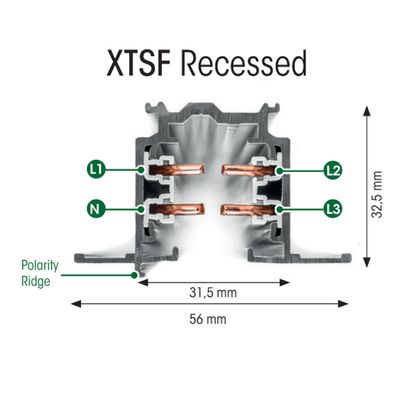XTSF-tvärsnitt Infällt strömskenesystem med markerade kopparledare; mått: 56 mm bred, 32,5 mm hög, perfekt för LED-integration.