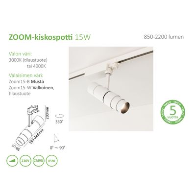 Track lighting på engelska: en vit cylinderlampa på en skena, med specifikationer för effekt, färgtemperatur och lumen.