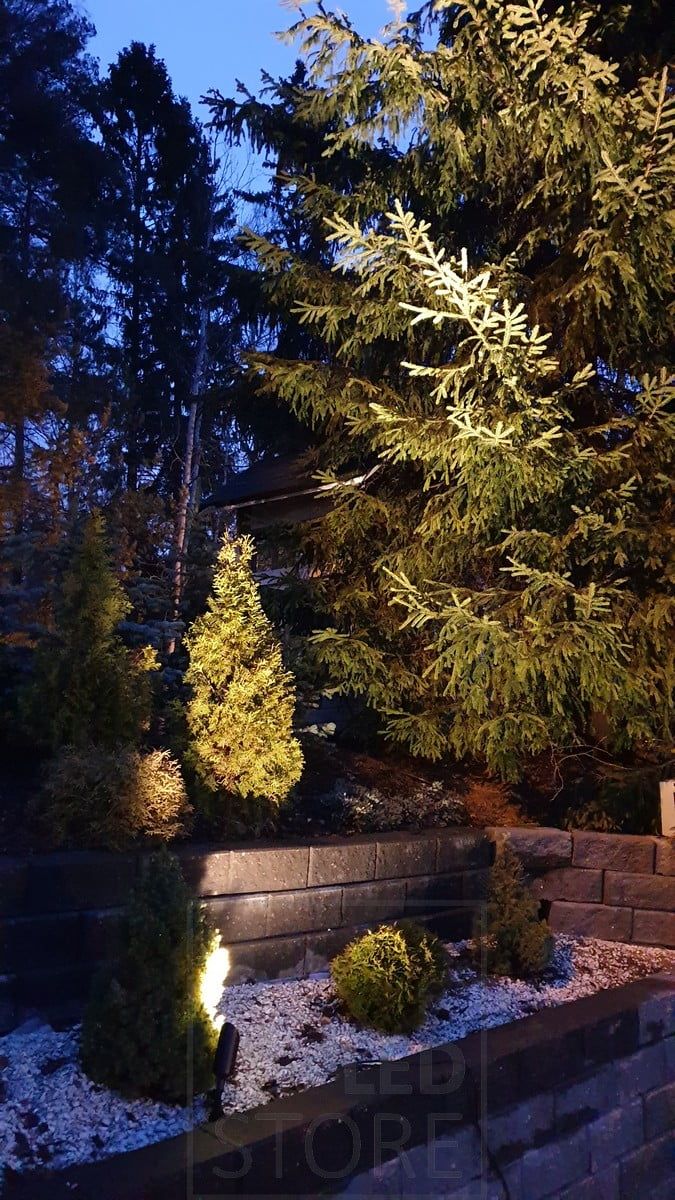 Accentbelysning för utomhusbruk. En riktbar Spike spotlight som belyser planteringar och träd. Ledstore.fi