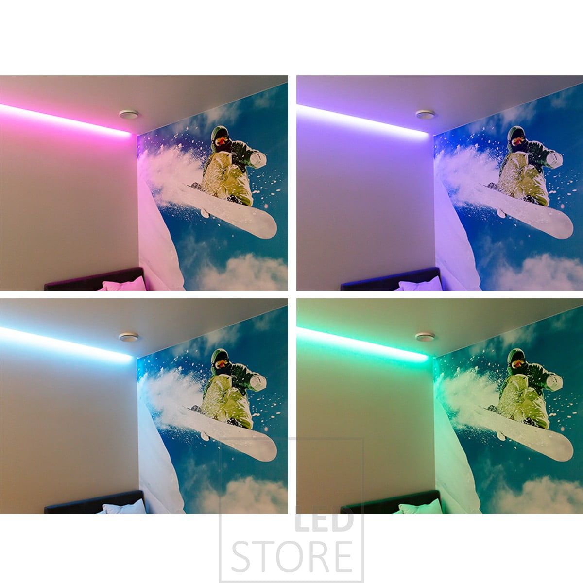 Anpassningsbar stämningsbelysning med RGB+W-ledlist, ljusfärgerna kan justeras steglöst med trådbunden eller trådlös styrning. Ledstore.fi