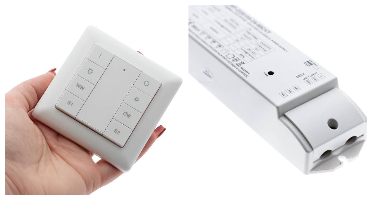 Transformator och styrenhet lämplig för infällda LED-armaturer i badrummet med färgtemperaturreglering och dimning