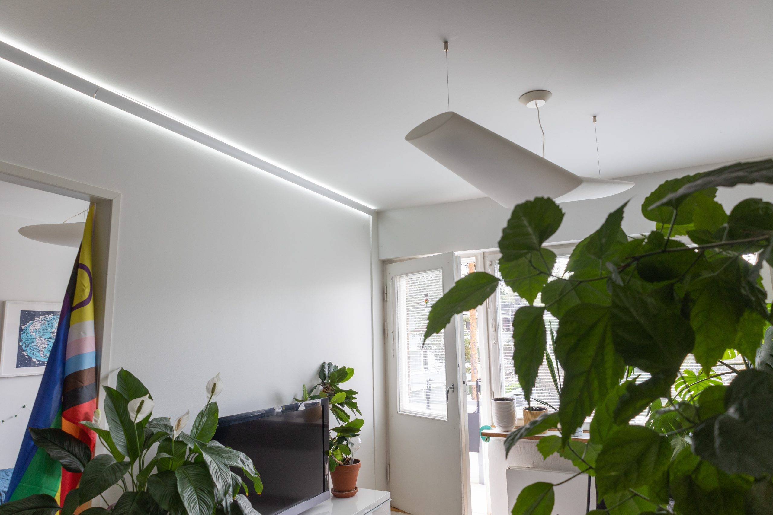 I ett modernt vardagsrum med minimalistisk design finns stora gröna växter, en TV och en färgglad flagga. En elegant LED-armatur sitter i taket tillsammans med eleganta LED-element, medan naturligt ljus flödar in genom glasdörrarna som leder ut.