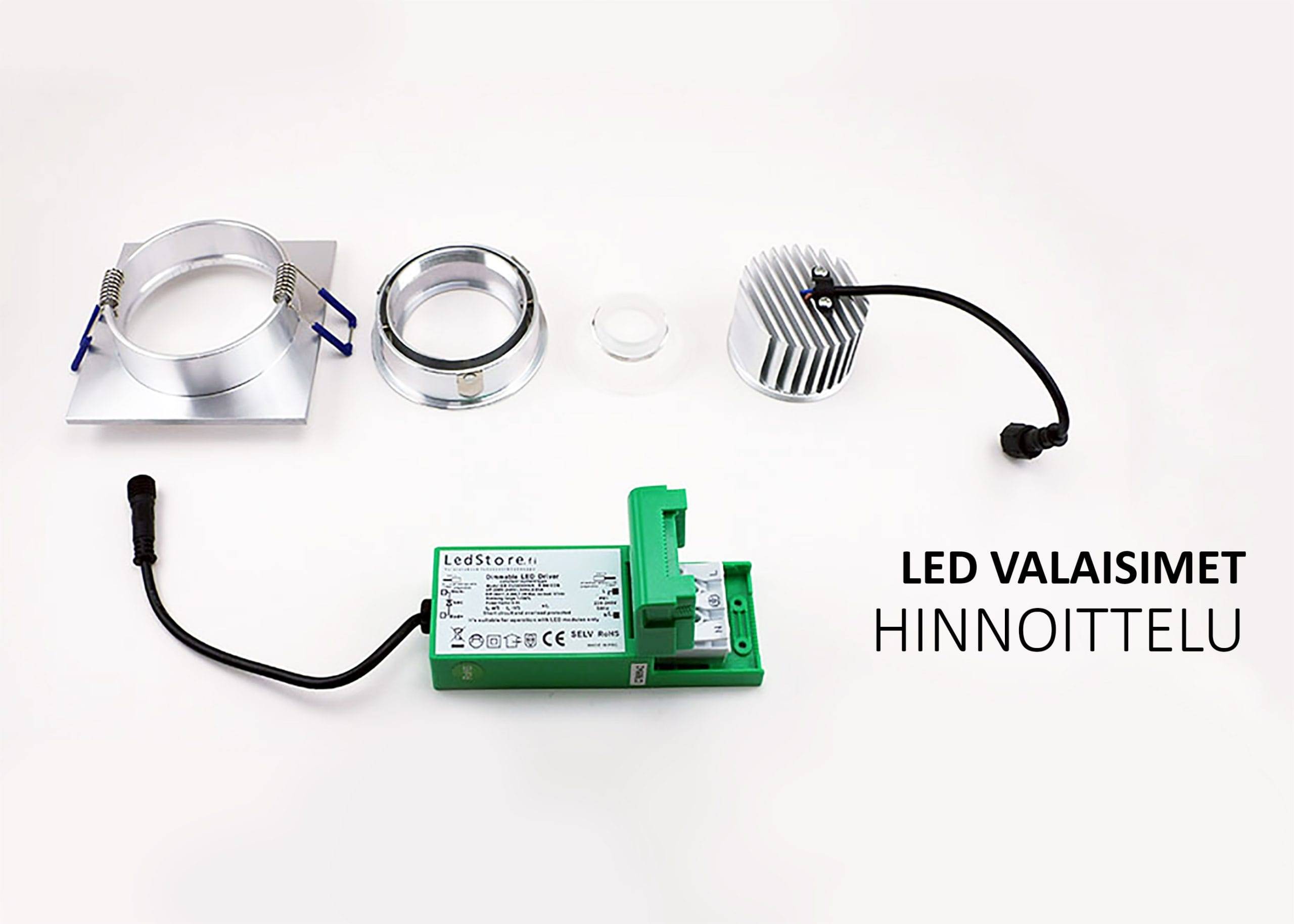 Layout av LED-belysningens komponenter: fäste, cirkulär lins, kylfläns med kabel, strömförsörjning. Text: "PRIS PÅ LED-LJUS". Idealisk för LED-projekt.