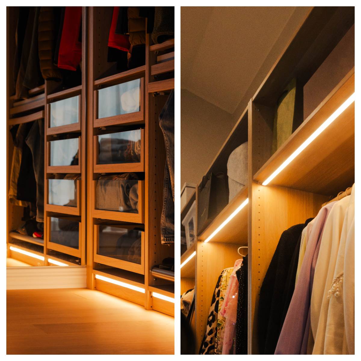 Belysning av garderobskåpen med LED-strip från ovanför garderoberna och från sockeln.