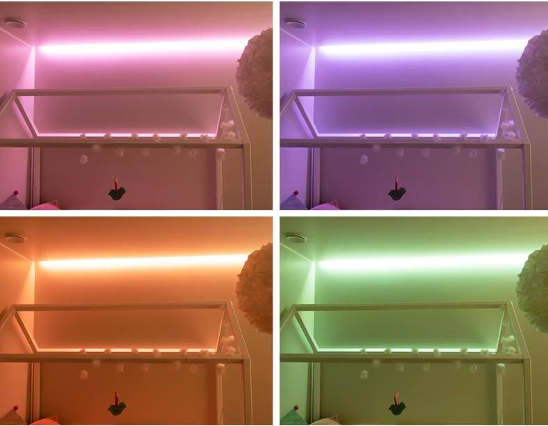 I ett familjehem i Kaitamäki i Esbo är sängramen upplyst med en belysningslösning bestående av LED-remsor från LedStore.fi, som ger stämningsfulla nyanser av rosa, violett, orange och grönt.