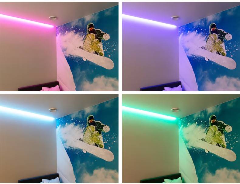 En väggmålning med snowboardtema, upplivad av LedStore.fi:s LED-lampor i utbytbara färger - rosa, lila, blå och grön - skapar ett spektakulärt och dynamiskt ljusschema i hemmet hos en familj i Esbo i Kaitamäki.