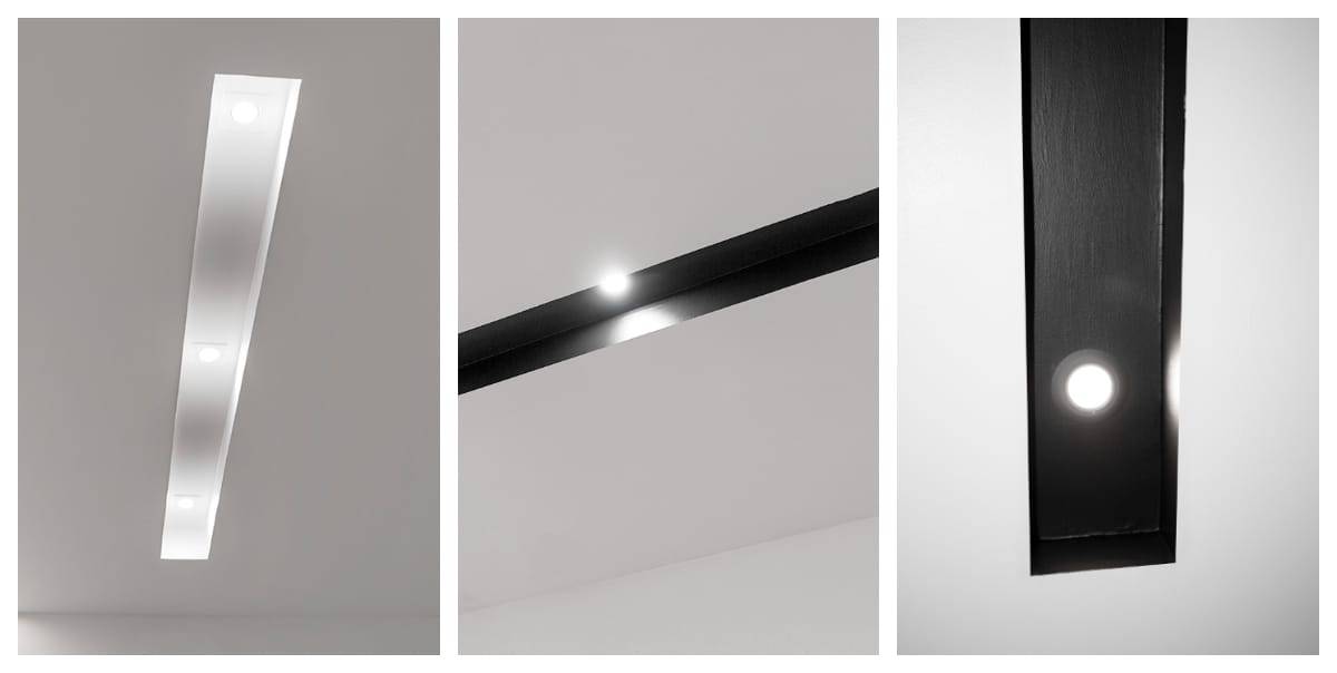 Bild 1: Infälld vit LED-list i taket. Bild 2: Svart LED-remsa med två runda lampor. Bild 3: Närbild av svart LED-remsa med en rund lampa.