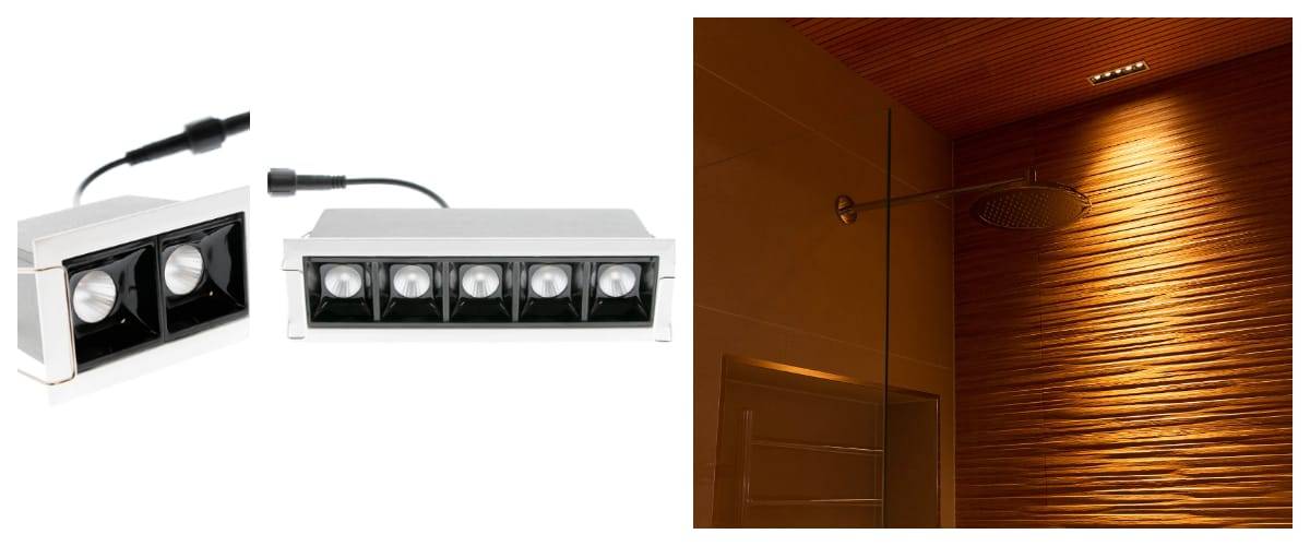 Närbild av två rektangulära LED-taklampor med flera glödlampor på vänster sida. Till höger har den moderna duschen en strukturerad brun vägg, en takmonterad regndusch och en liknande LED-taklampa för att skapa en varm atmosfär. Kolla in liknande belysningslösningar i LedStore.fi onlinebutik!