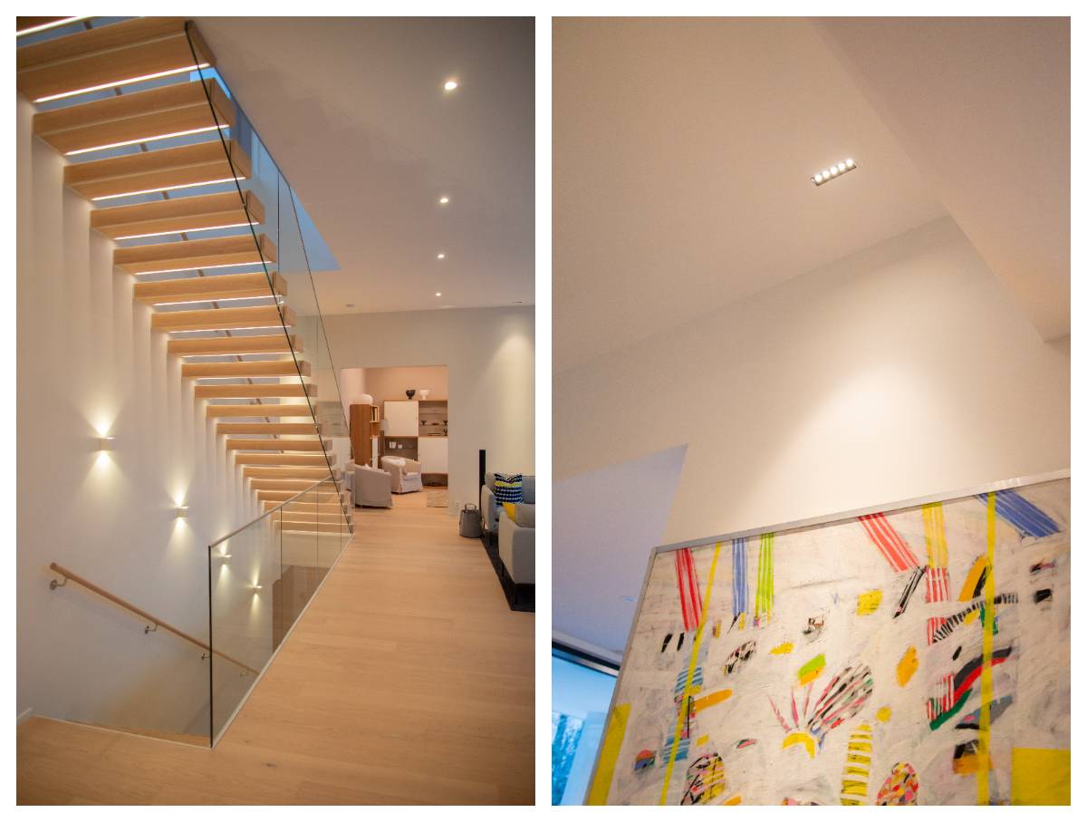 Invändig belysning med LED-lampor på den vänstra bilden i korridoren med spotlights, väggbelysning i trapphuset med Cubic-lampor i två riktningar. På den högra bilden belyser en linjespotlight målningen. 