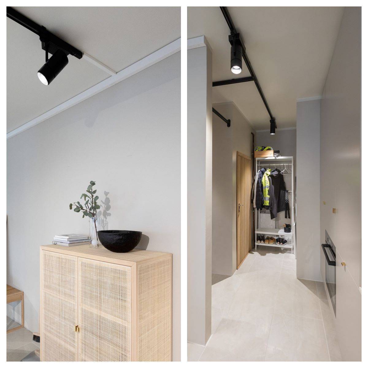 Två bilder: till vänster ljusa ytor och en ljus låg hylla, med en svart trefas strömskena och en svart spotlight FOCUS i taket. Till höger en korridor med ljusa ytor och en klädhängare med kläder i slutet av korridoren. En svart trefas strömskena med spotlights löper längs taket.