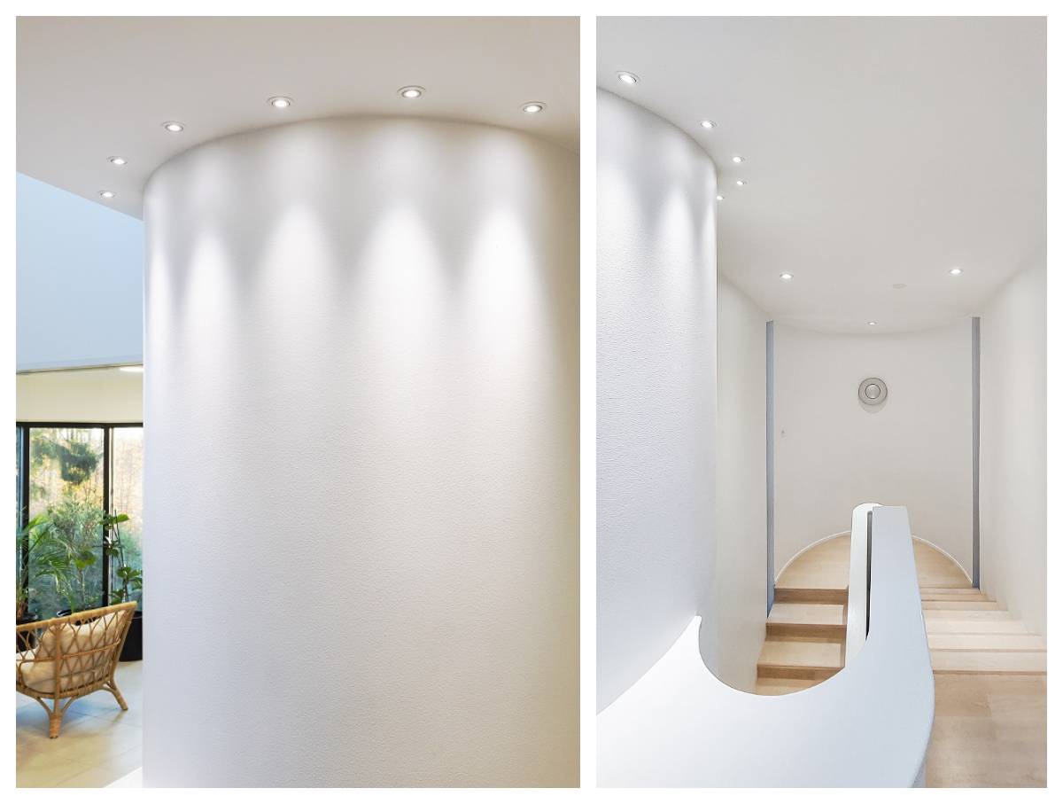 interiörbelysning med led-lampor uppnås här genom att accentuera de böjda pelarformerna med små 3 watt-spotlights som lyser uppifrån och ner.