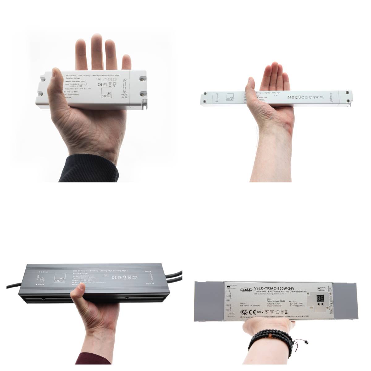 TRIAC-transformatorer finns i olika storlekar. De minsta ryms nästan i en handflata, medan de största är ungefär tre handflator breda. 