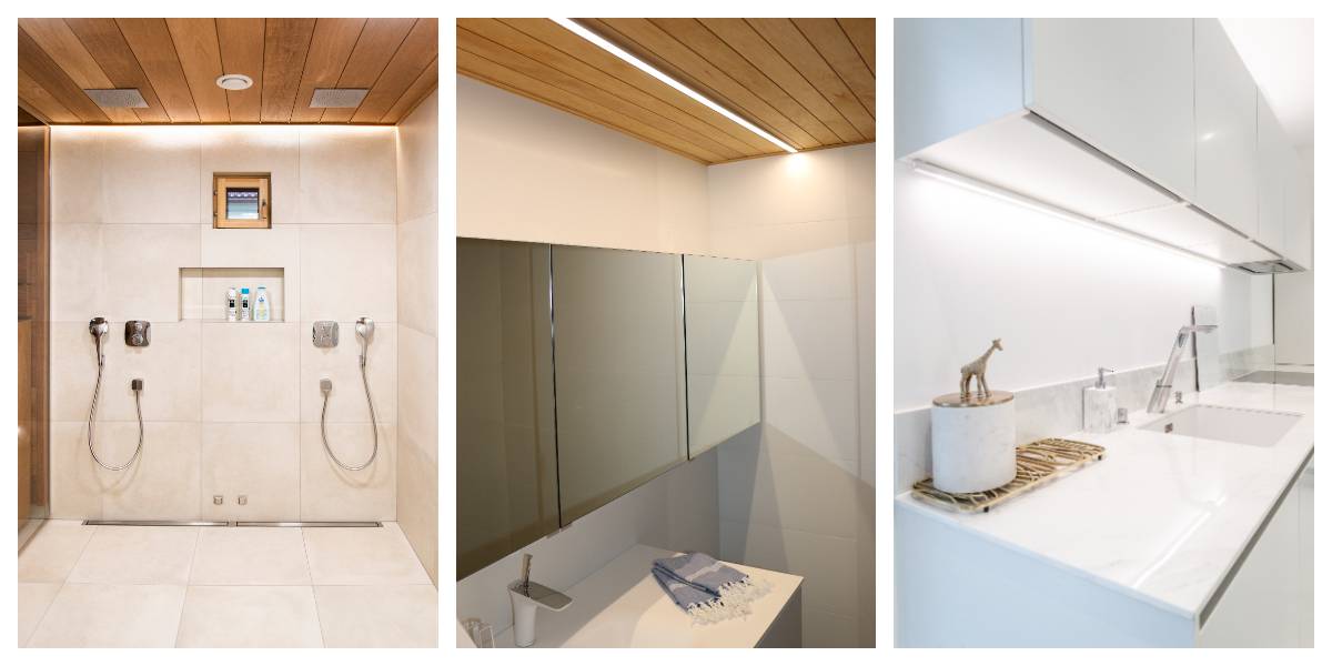 Tre moderna badrum: det utrustade badrummet har en enkel dusch med två duschmunstycken och infällda LED-lampor; badrummet med eget badrum har en spegel och ett minimalistiskt handfat; det tredje har en elegant nivå med toalettartiklar och en giraffskulptur. All belysning är utförd med LED-lösningar från LedStore.fi.