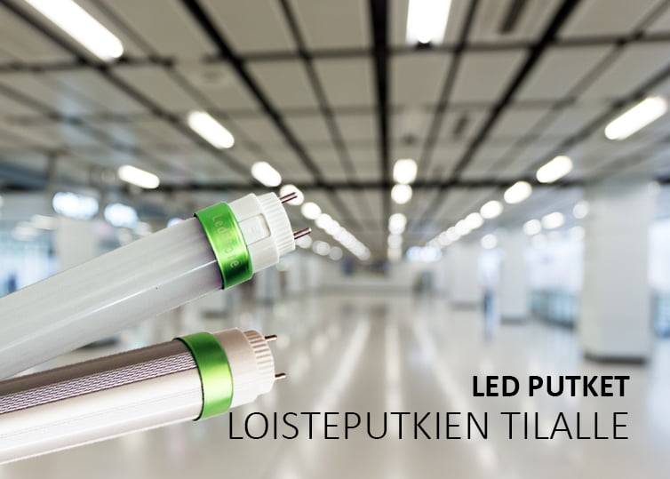 Två LED-lysrör med gröna accenter mot ett oklart, rymligt rum med spjälverkstak; text på engelska "LED TUBES FOR LIVE TUBES.
