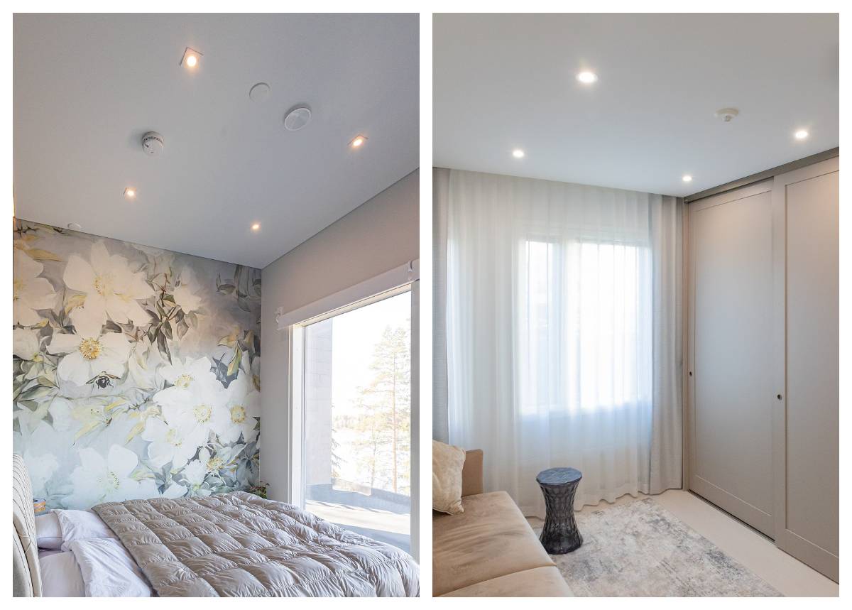 Led-spots i sovrummet är en funktionell lösning, här visas fyra symmetriskt placerade flush-spots i taket med färgtemperaturreglering och dimning.