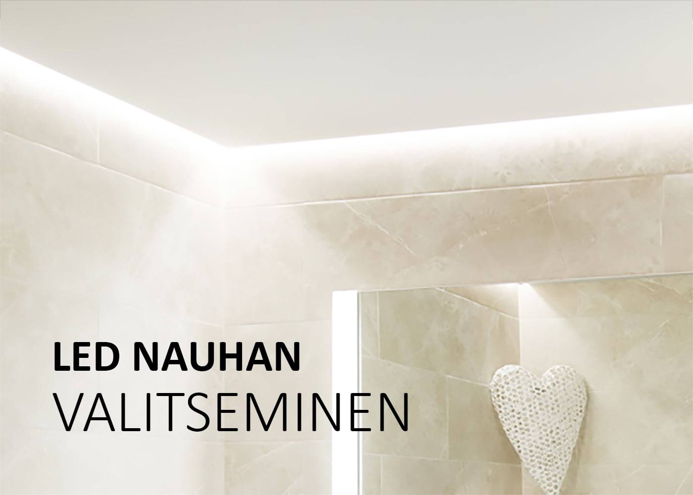 Ett modernt badrum med LED-listbelysning i taket, stenkärnbelysning på väggen och texten "CHOOSE LED strip lighting" skapar ett stilrent och elegant utseende.