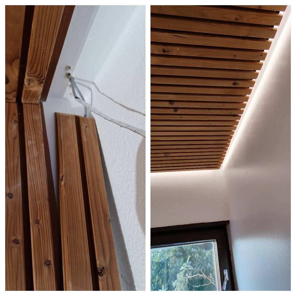 Installation av panel och LED-lister samt färdig belysning i taket med LED-lister som fästs på en svart aluminiumprofil.