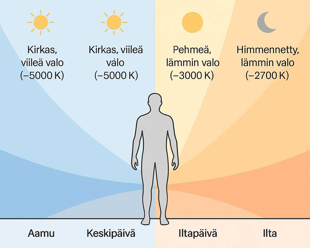 Illustrationen visar ljusets färg och temperatur beroende på tid på dygnet, riktlinjer för belysning enligt EN 12464-1, på finska.