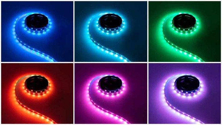 Sex LED-ljusband: blå, ljusblå, grön, röd, rosa och lila.