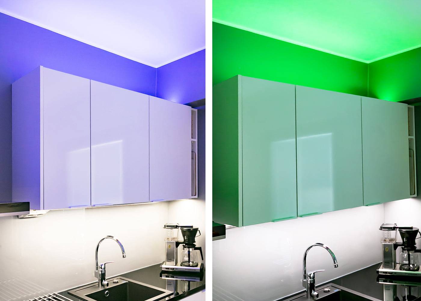 Keittiön valaistusratkaisut LedStore.fi verkkokaupasta: Inspiroidu LED-valaistuksen tuomista mahdollisuuksista kahden vierekkäisen kuvan avulla. Vasemmalla puolella näet modernien kaapistojen yläpuolella hohtavat violetit LED-valot, kun taas oikealla puolella loistaa raikas vihreä valaistus. Kummallakin puolella on tyylikkäät kaapistot ja niiden alla kätevästi sijoitettuna kahvinkeitin, mikä yhdistää tyylin ja toimivuuden saumattomasti.