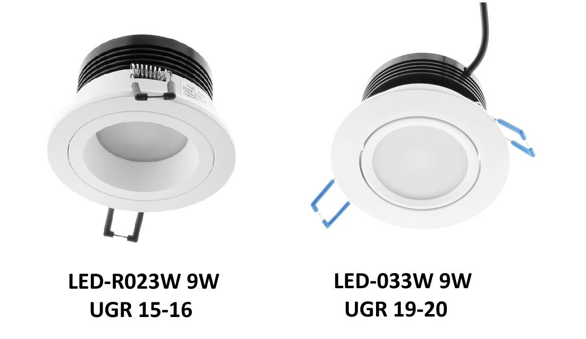 Två vita LED-sockellampor (LED-R023W 9W UGR 15-16, LED-033W 9W UGR 19-20) uppfyller belysningsstandarden EN12464-1.