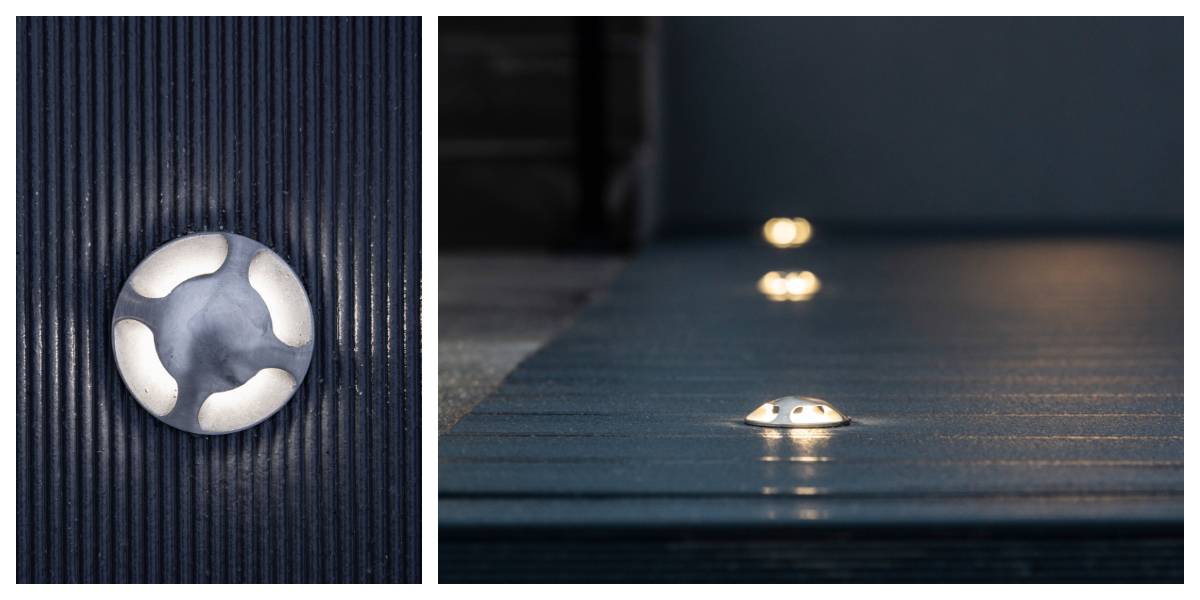 På nära håll och från sidan lyser LedStore.fi:s runda, infällda LED-lampor upp terrassen med ett behagligt, svagt ljus. Dessa LED-lampor för stämningsbelysning och terrassbelysning är jämnt monterade på den räfflade, mörkt tonade ytterytan. 