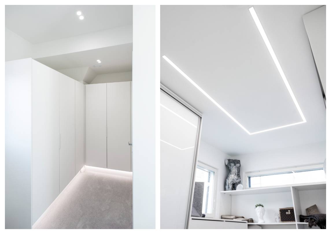 Tvådelad bild: vänster sida visar en minimalistisk vit korridor med integrerade skåp, mjuk belysning och snygg LED-belysning för garderob. På höger sida, ett modernt rum med infällda linjära LED-lampor som framhäver hyllor och accentuerar dekorativa element.Kolla in det breda utbudet av LED-belysningslösningar för alla hem på LedStore.fi!