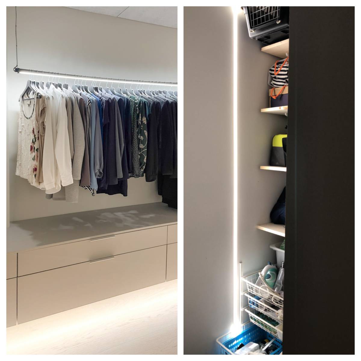 Tips för garderobsbelysning med LED-list och aluminiumprofil. En genomgående upplyst garderob, LED-list monterad under lådan för indirekt belysning. På den andra bilden, vertikalt monterad LED-remsa i en infälld profil inuti skåpet. bild copyright LedStore.fi   