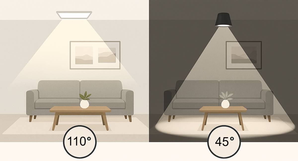 LED-belysningen med bred (110°) spridningsvinkel lyser upp hela rummet, medan den smalare (45°) spridningsvinkeln belyser områden som matbordet och soffan. Olika belysningsvinklar påverkar rummets atmosfär och funktionalitet - LedStore.fi har ett brett utbud av lösningar som passar dina behov. 