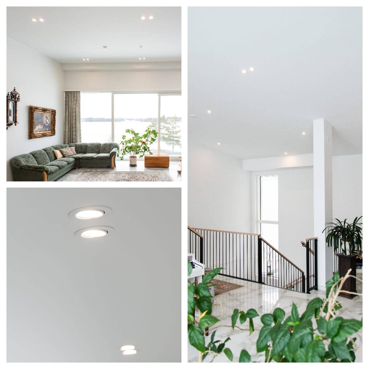 I ett collage av moderna interiörer: överst grönt: en soffa, växter och stora fönster som skapar en rymlig atmosfär; längst ner till vänster: en närbild av infällda LED-taklampor som ger mjuk belysning till utrymmet; till höger: en bild av en trappa och balustrad och ett naturligt ljusfyllt utrymme där växter accentuerar den fräscha looken. Perfekta lösningar för LED-belysning på LedStore.fi. 