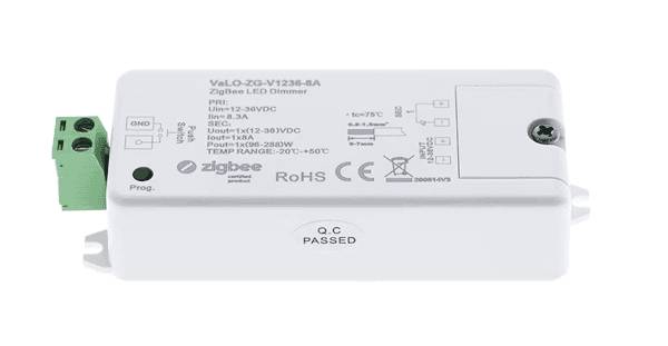 Vit ZigBee LED-dimmer från LedStore.fi, med grön anslutningskant