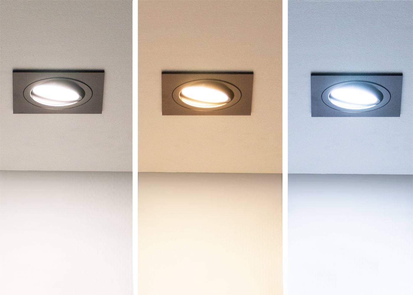 Tre LED-taklampor i rad: varmvit, neutralvit, kallvit nyans lyser upp ett grått tak på ett vackert sätt. Perfekt kontrast i belysningen.