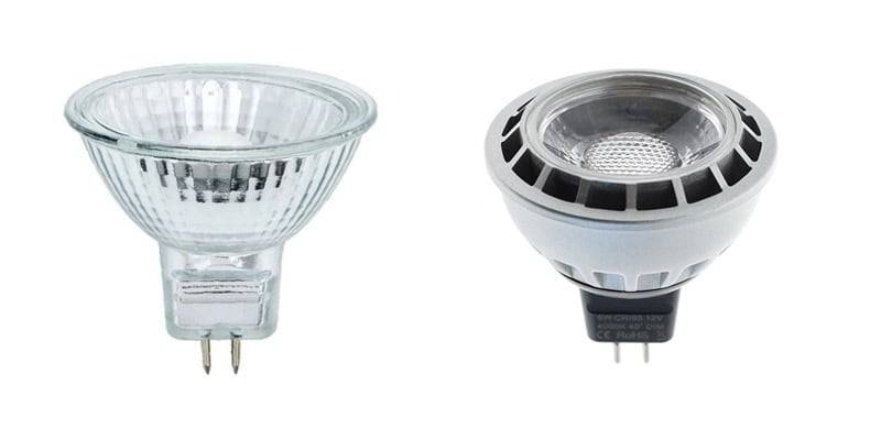 GU5.3- eller MR16-lampor: halogen till vänster och LED till höger.