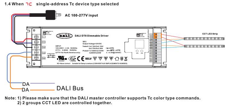Diagram över en DALI-transformator som styr CCT LED-remsor och är ansluten till en DALI-buss för enkelriktad Tc-styrning.