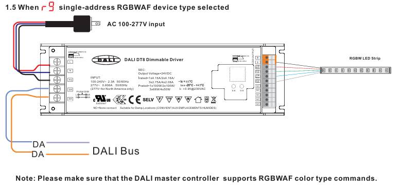 Schema över DALI DT8 dimmergränssnitt för RGBWAF LED-strip, inklusive anslutningar för DALI-transformator och strömförsörjning.
