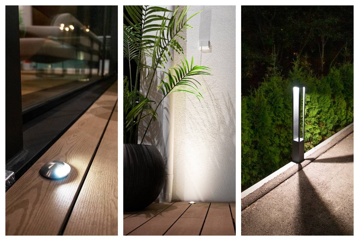 Terrassens kant belyses av en infälld patio spotlight. På den andra bilden belyses kanten på gångvägen av en svart pelararmatur som ger ljus i tre riktningar. 